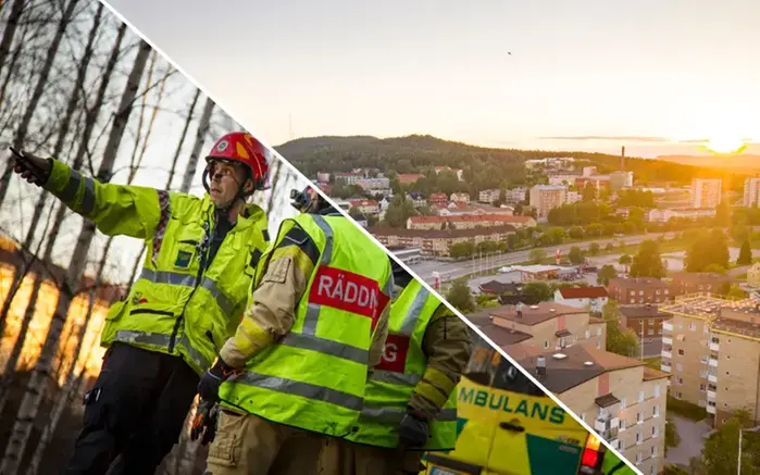 Fotomontage med två bilder ihopsatta, en med räddningstjänst och ambulanspersonal i varselkläder som samtalar och en bild över Örnsköldsviks stad med kvällssolen som skiner in från höger. 
